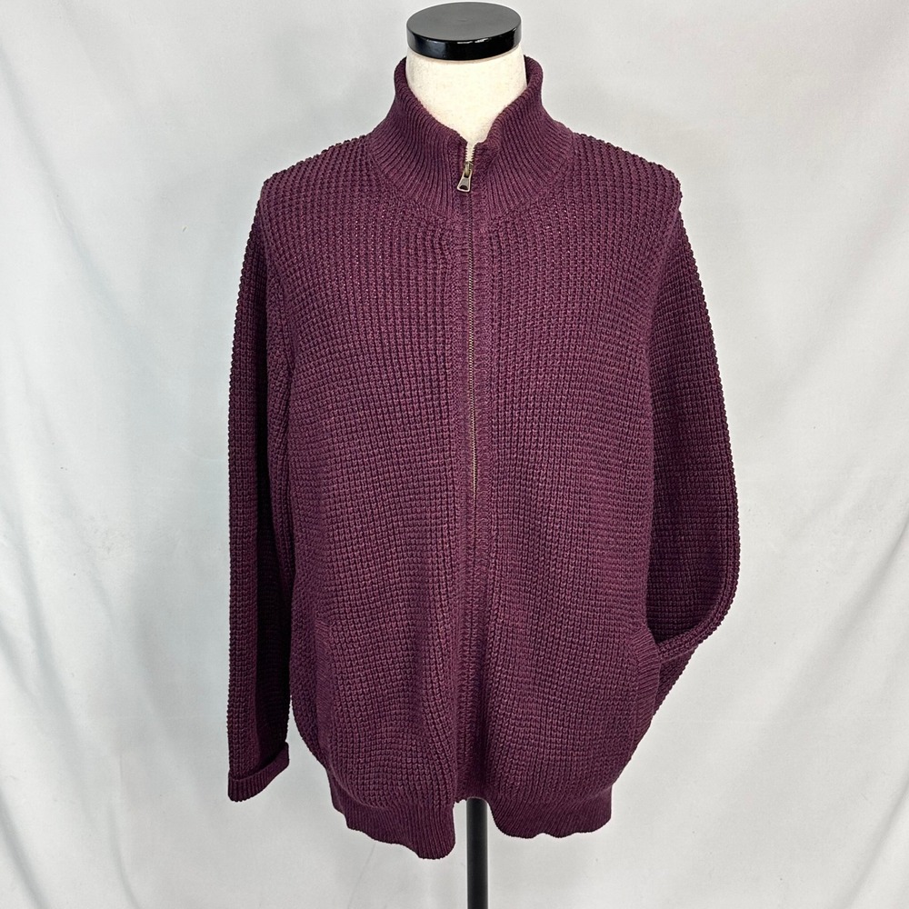 LL Bean XL‎ Full Zip Waffle Knit Sweater Burgundy 100% Organic Cotton Gorpcore